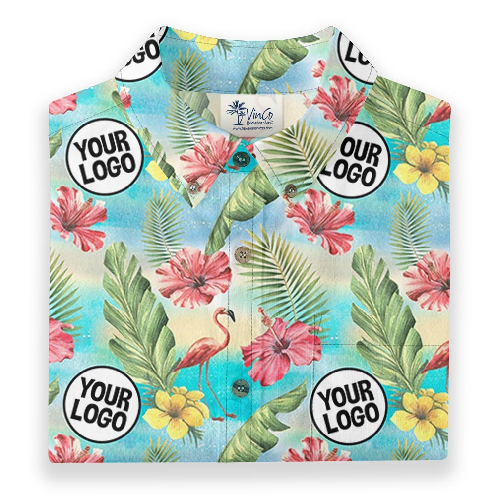 Tropical Flamingo Custom Logo Cotton Hawaiian Button Down Shirt