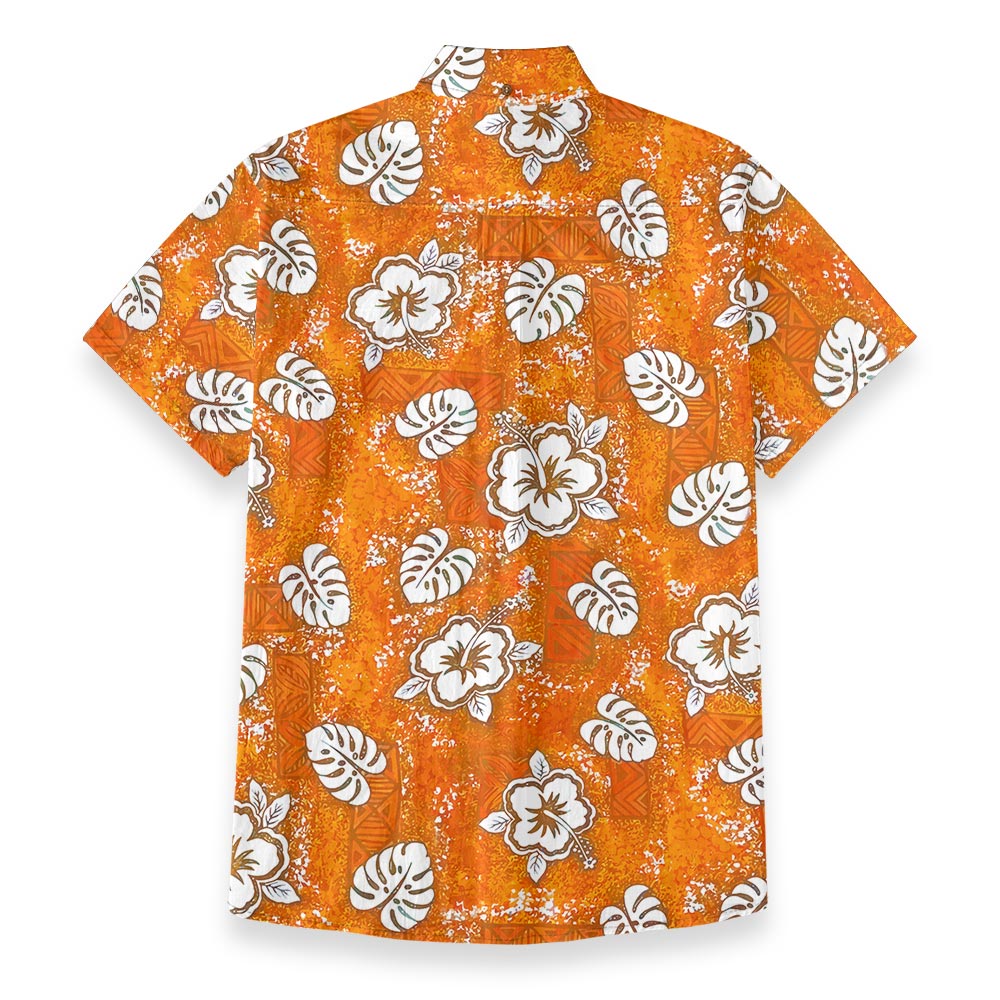 Orange Hibiscus Tribal Hawaiian Button Down Shirt Cotton