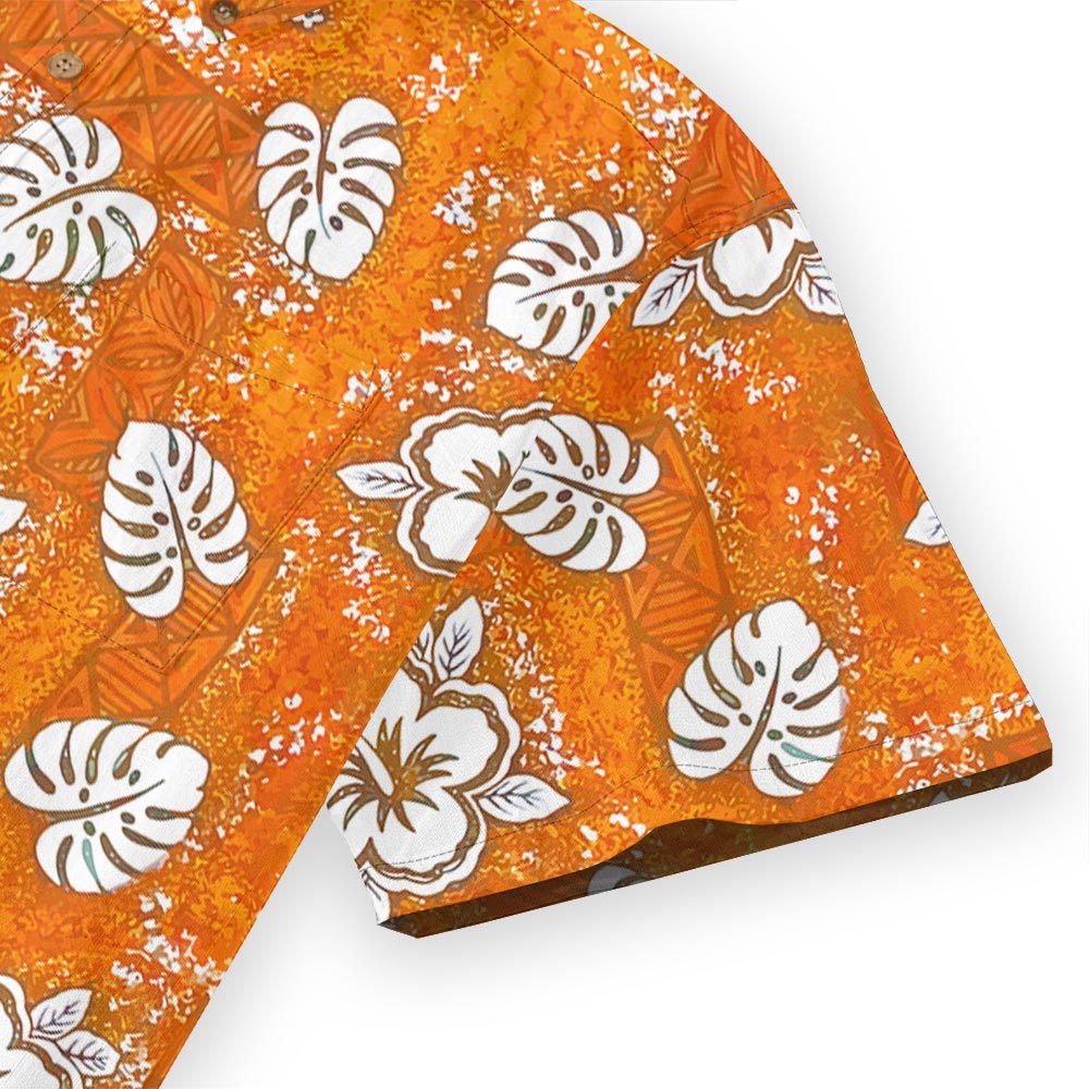 Orange Hibiscus Tribal Hawaiian Button Down Shirt Cotton
