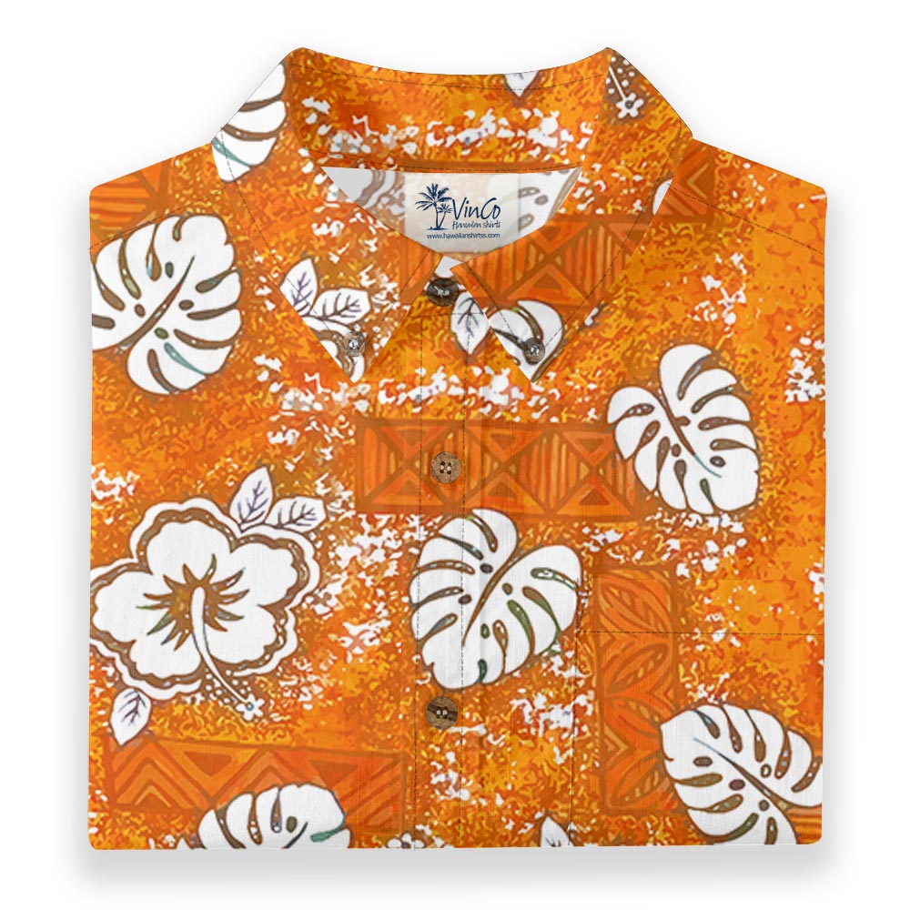 Orange Hibiscus Tribal Hawaiian Button Down Shirt Cotton