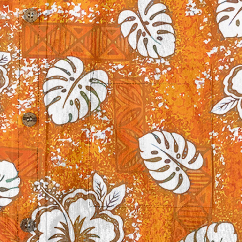 Orange Hibiscus Tribal Hawaiian Button Down Shirt Cotton