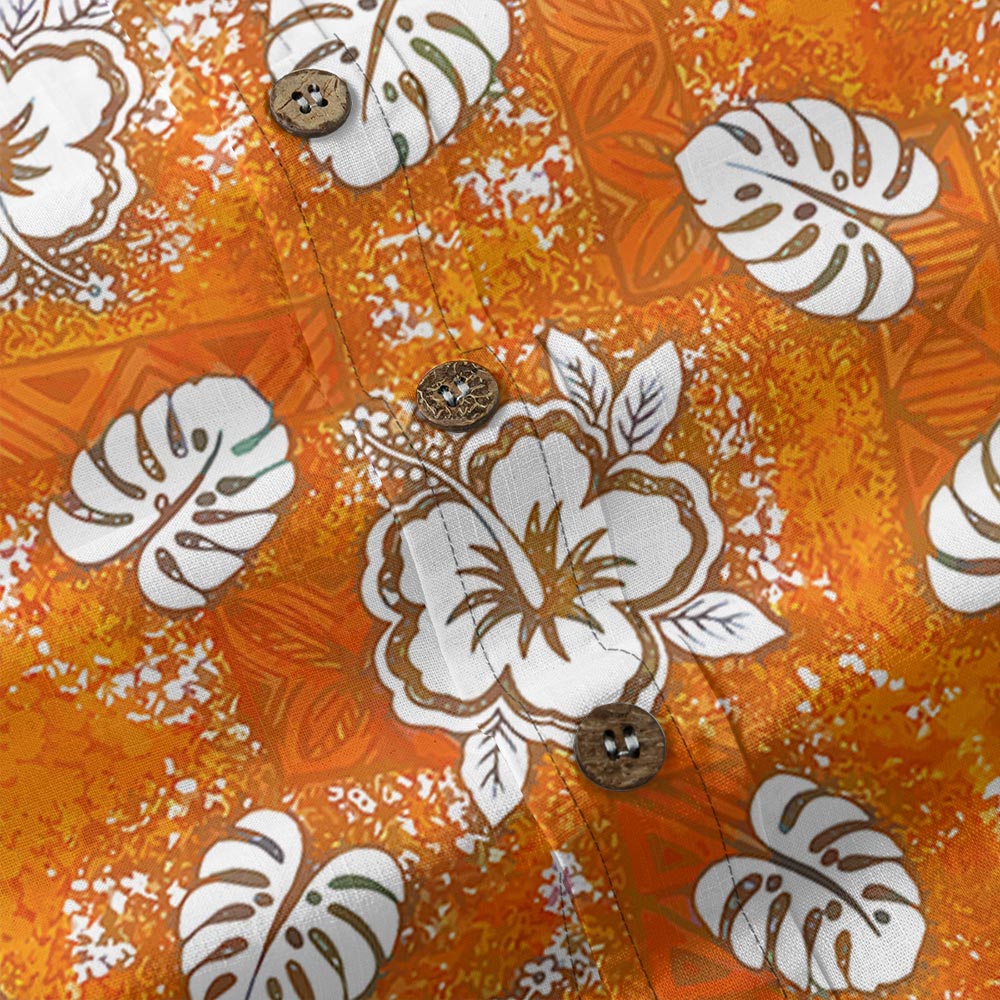 Orange Hibiscus Tribal Hawaiian Button Down Shirt Cotton