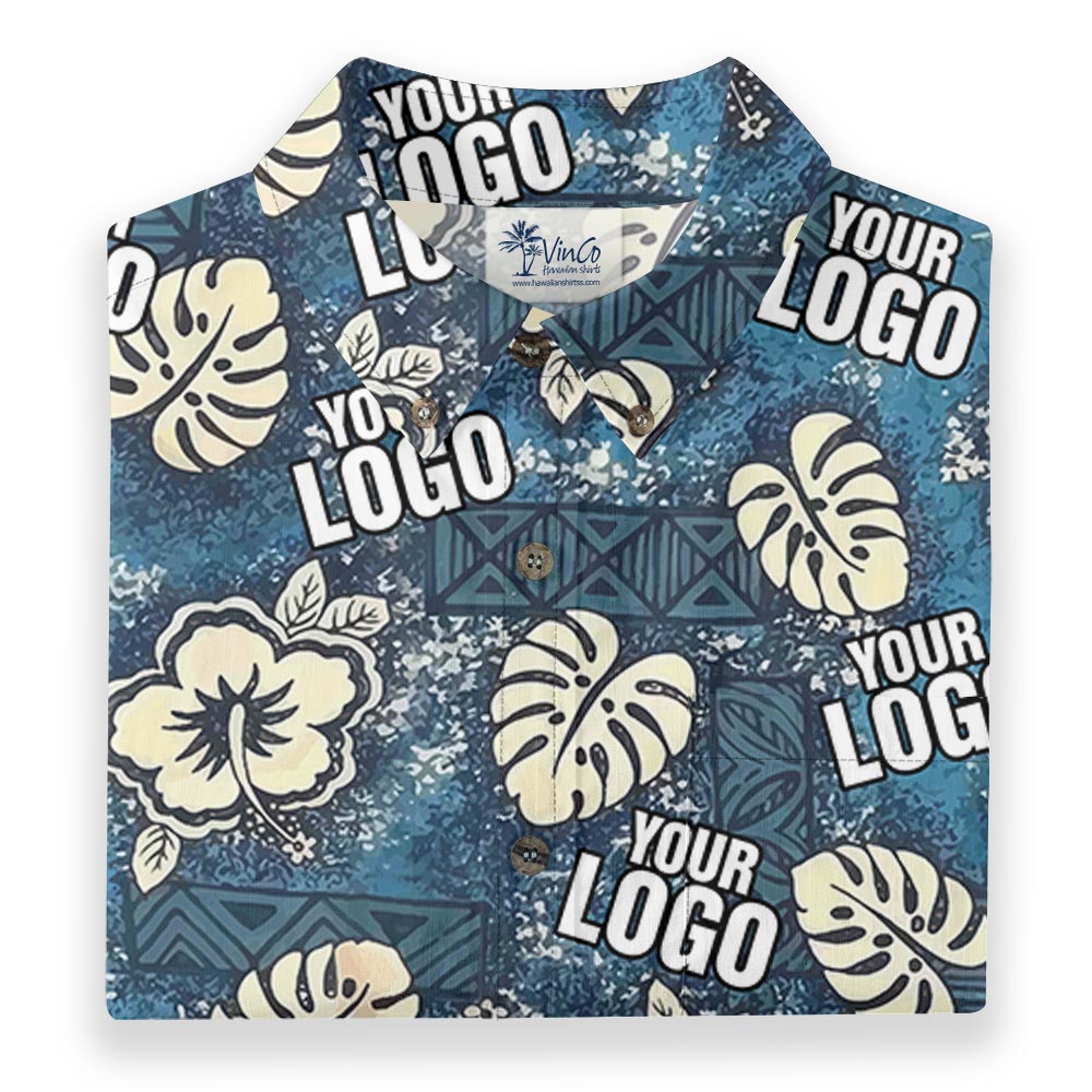 Personalized Logo Vintage Blue Button Down Cotton Aloha Shirt