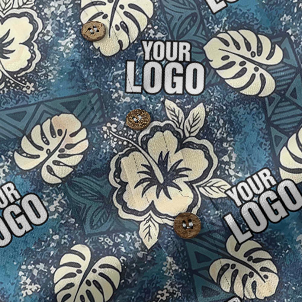 Personalized Logo Vintage Blue Button Down Cotton Aloha Shirt