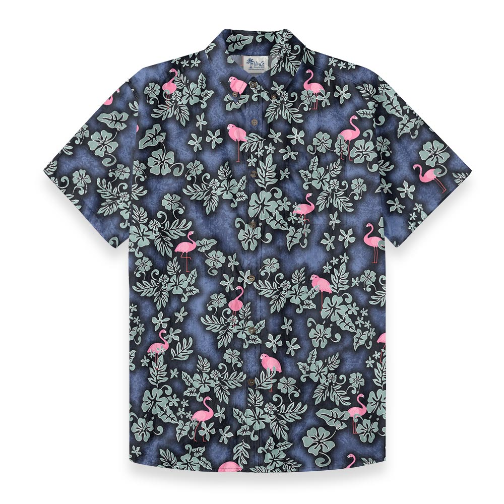 Navy Pink Flamingo Tropical Floral Hawaiian Button Down Shirt - variant image 1