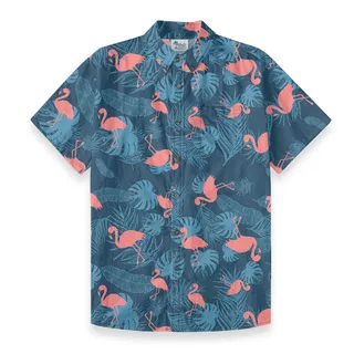 Navy Tropical Pink Flamingo Hawaiian Button Down Shirt Cotton