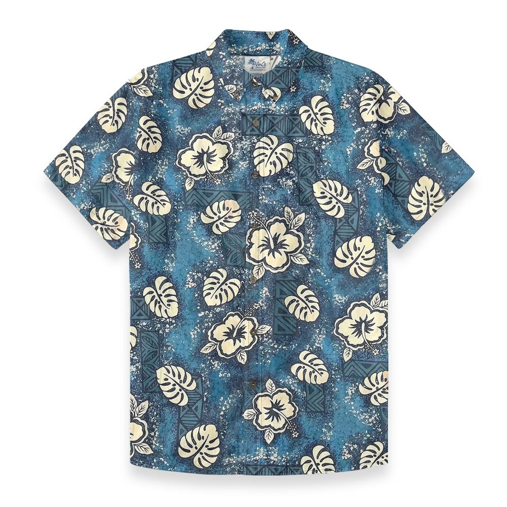 Blue Tribal Hibiscus Men’s Hawaiian Button Down Shirt - variant image 1