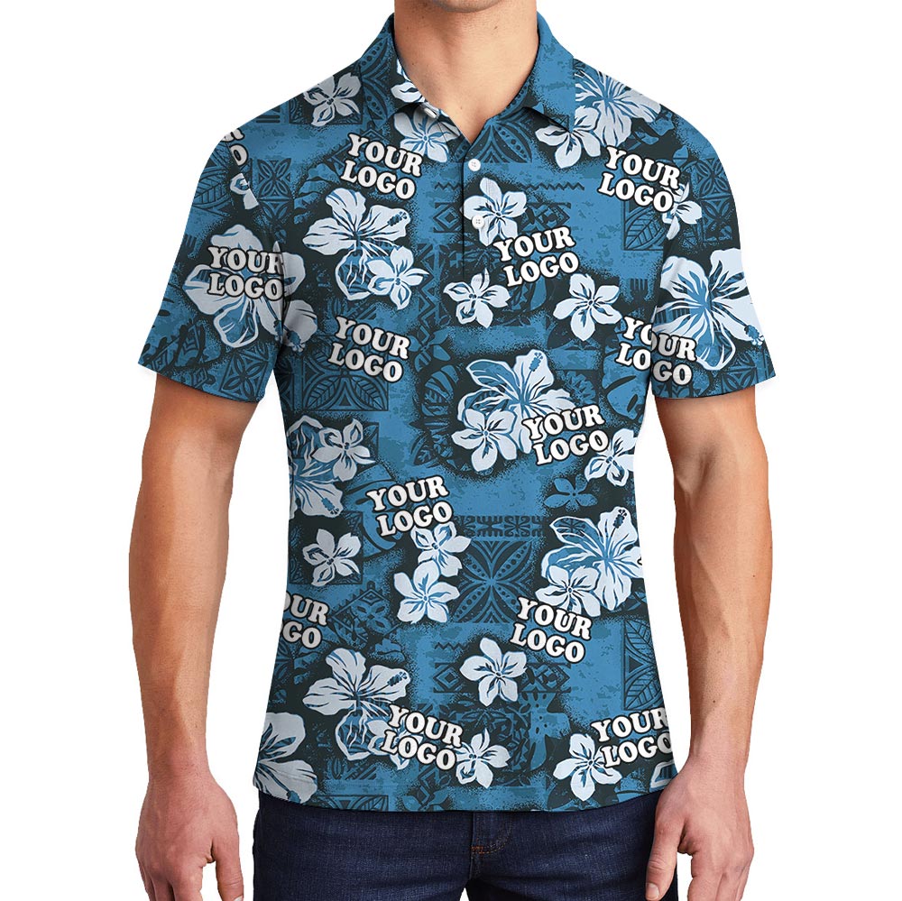 Classic Navy Blue Hibiscus Custom Logo Hawaiian Polo Shirt - variant image 1