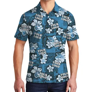 Classic Navy Blue Hibiscus Custom Logo Hawaiian Polo Shirt