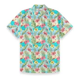 Tropical Flamingo Paradise Men’s Button Down Hawaiian Shirt