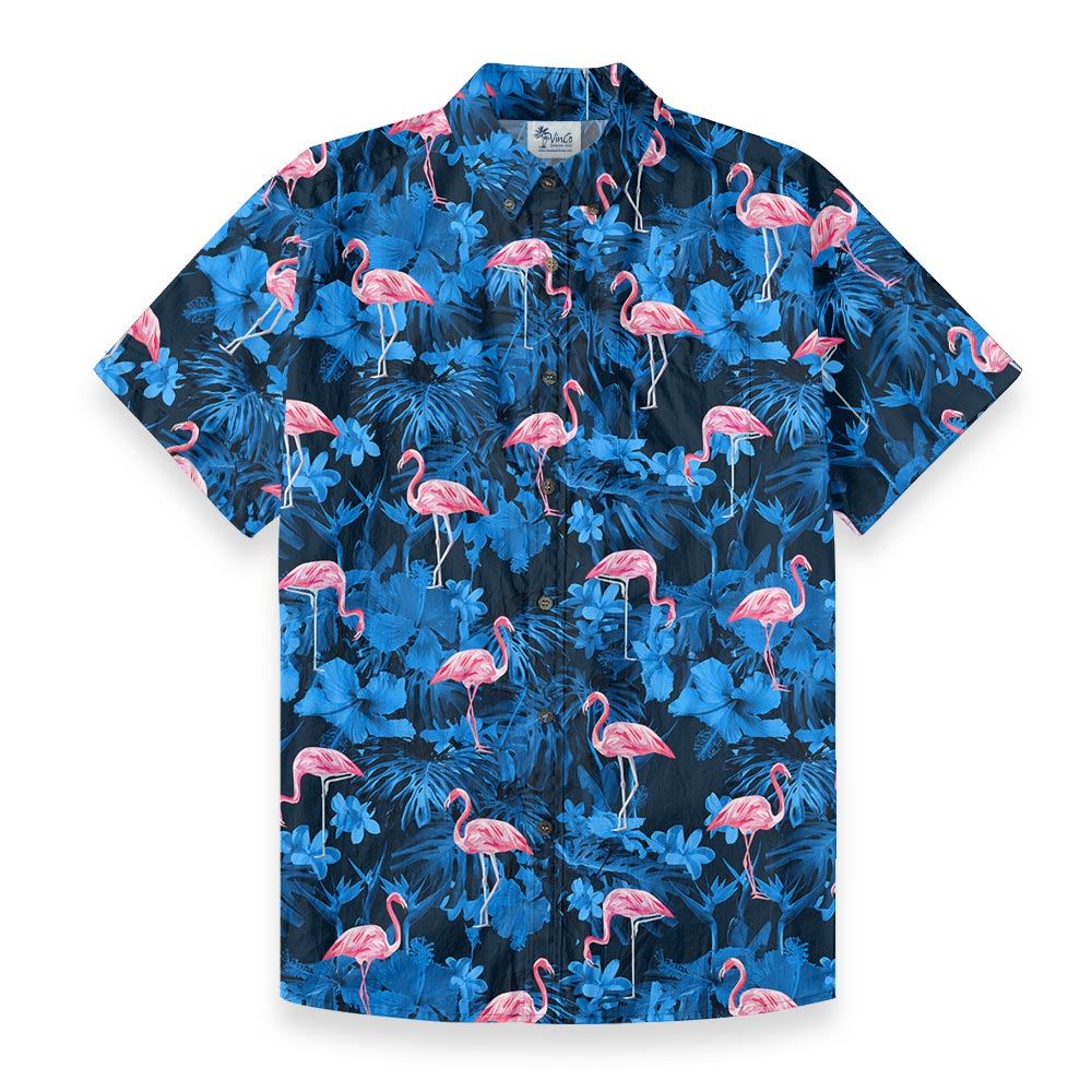 Pink Flamingo Navy Blue Hawaiian Button Down Cotton - variant image 1
