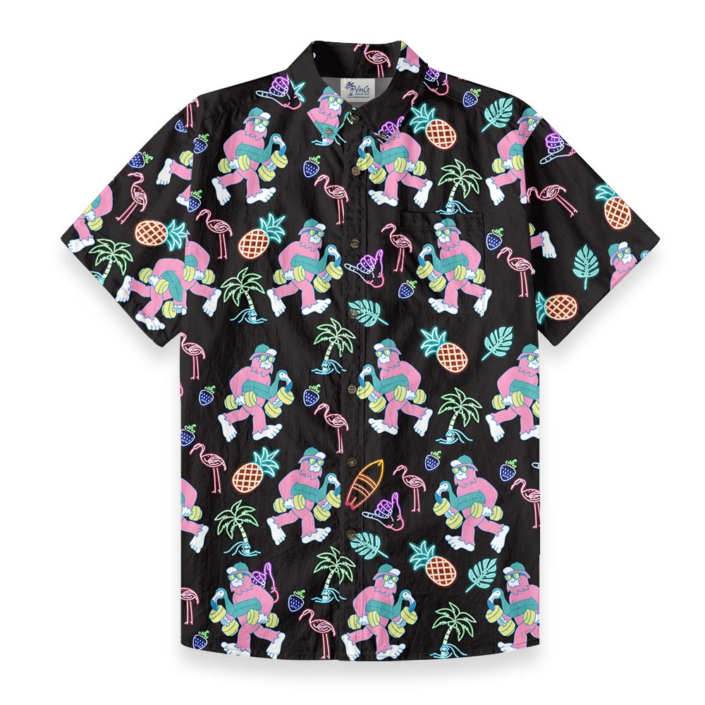 Funny Neon Bigfoot Hawaiian Black Button Down Cotton - variant image 1