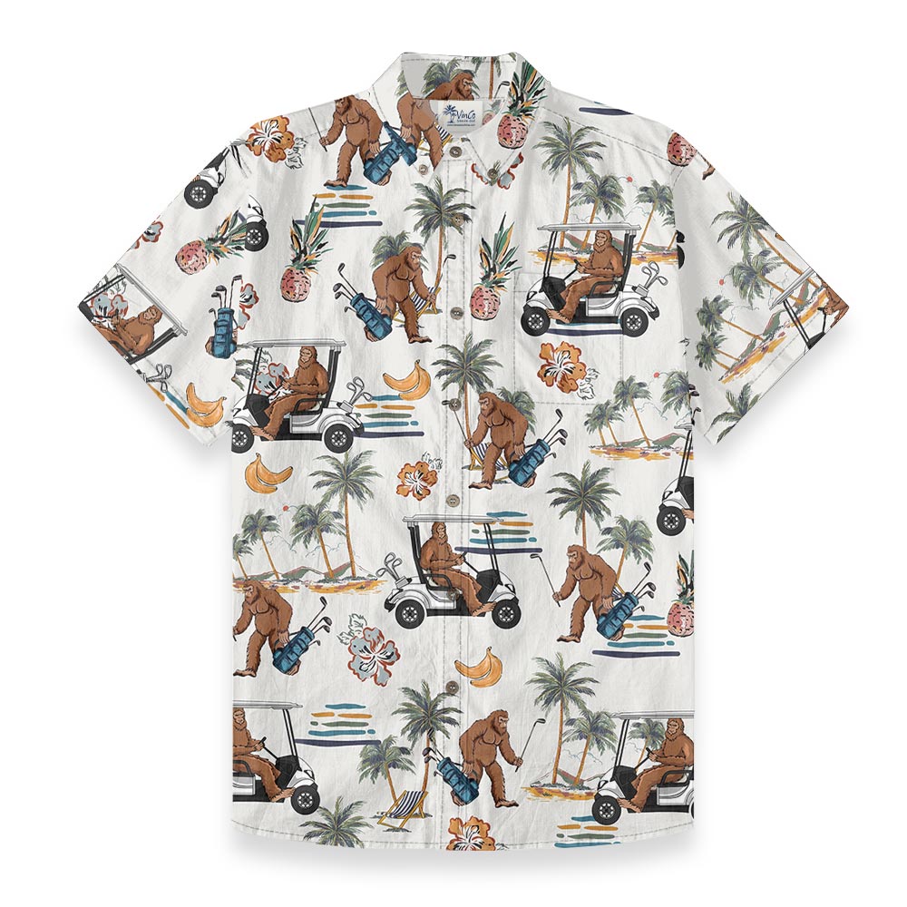Bigfoot Playing Golf Button Down Aloha Shirt Cotton - variant image 1