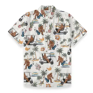 Bigfoot Playing Golf Button Down Aloha Shirt Cotton