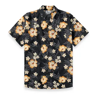 Classic Hibiscus Black Aloha Shirt Button Down Cotton