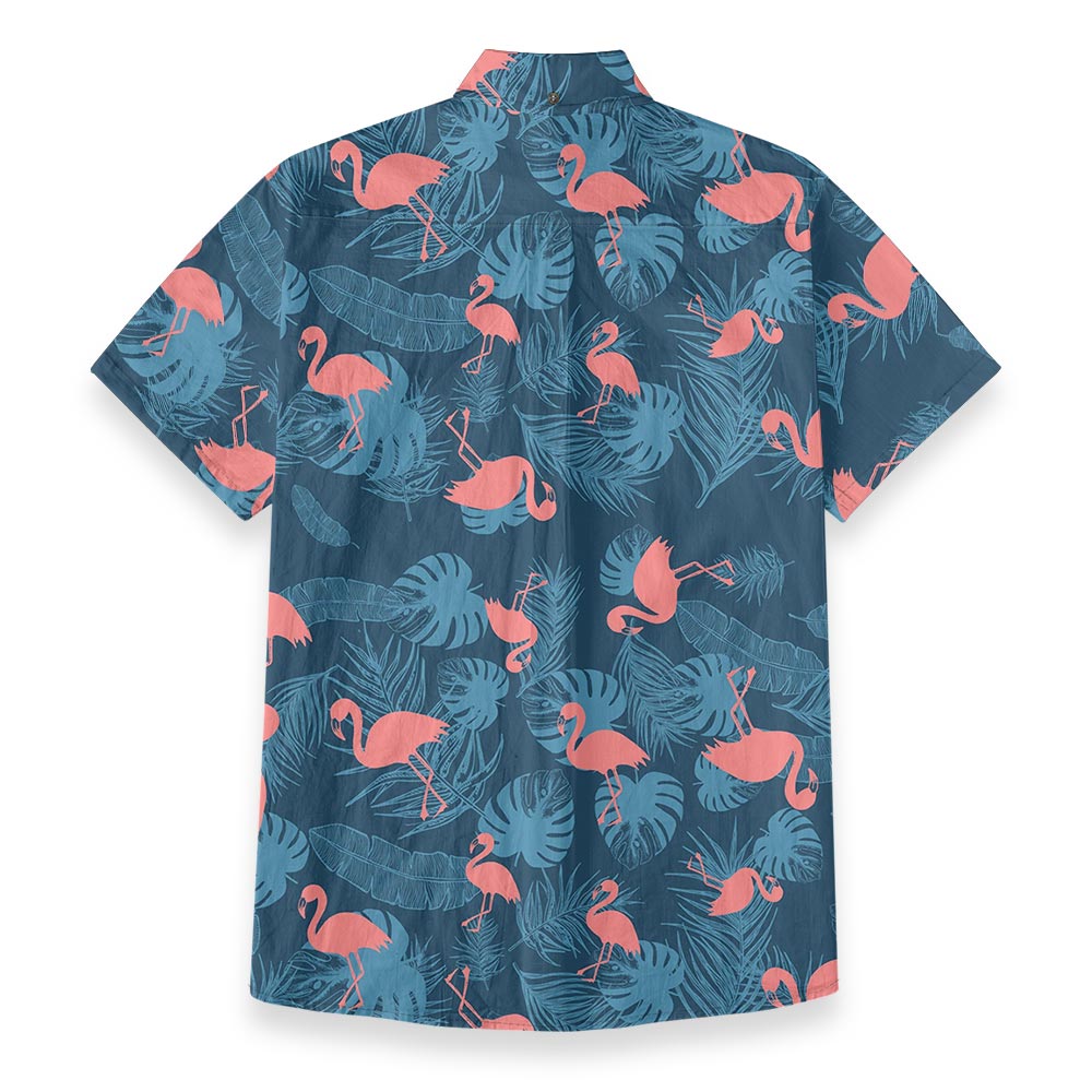 Navy Tropical Pink Flamingo Hawaiian Button Down Shirt Cotton