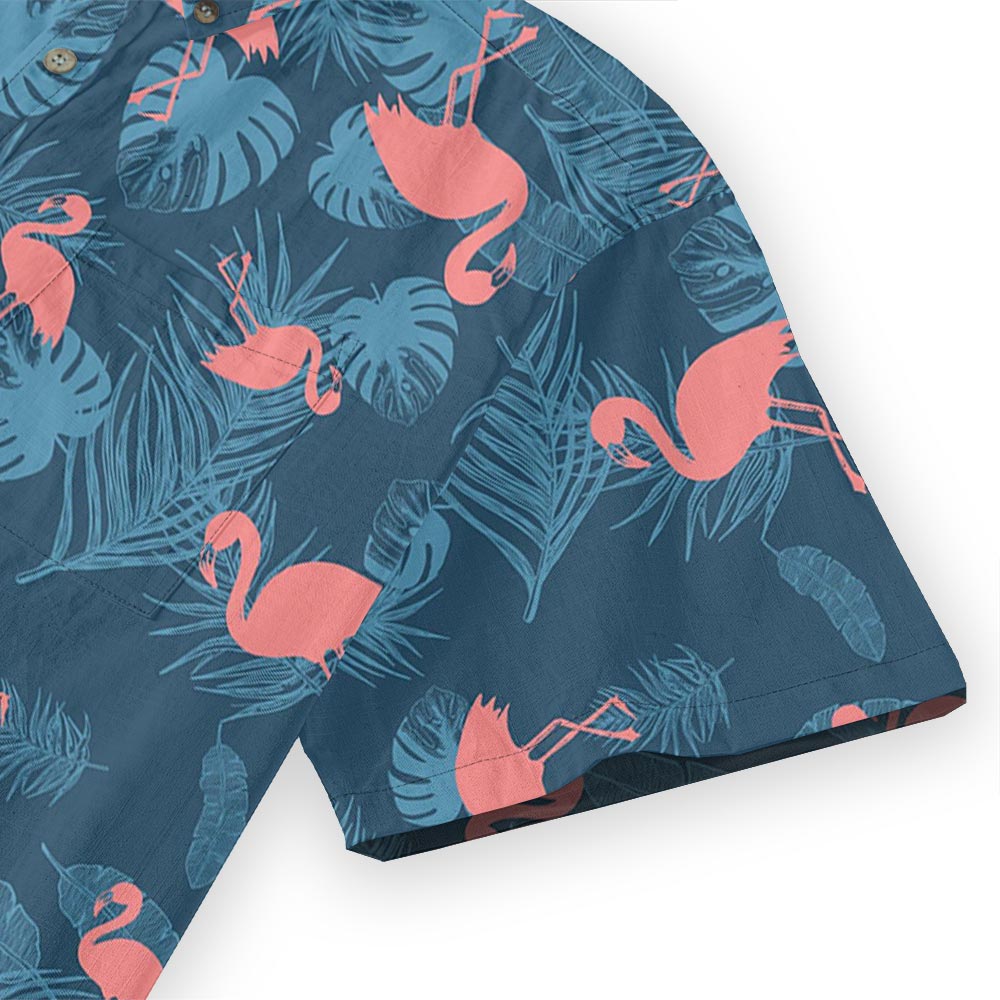 Navy Tropical Pink Flamingo Hawaiian Button Down Shirt Cotton