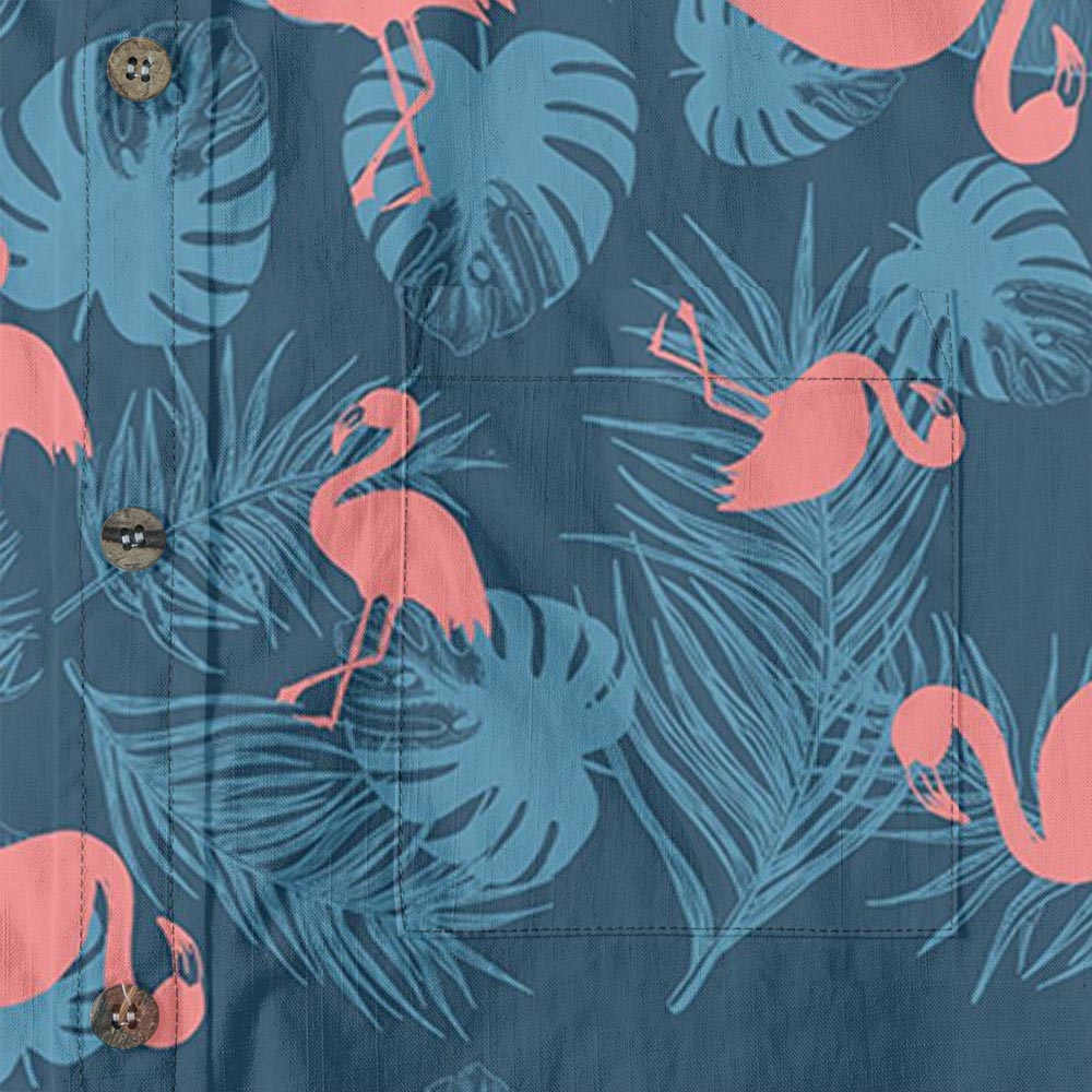 Navy Tropical Pink Flamingo Hawaiian Button Down Shirt Cotton