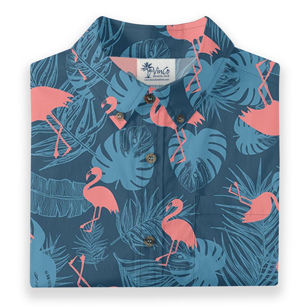 Navy Tropical Pink Flamingo Hawaiian Button Down Shirt Cotton