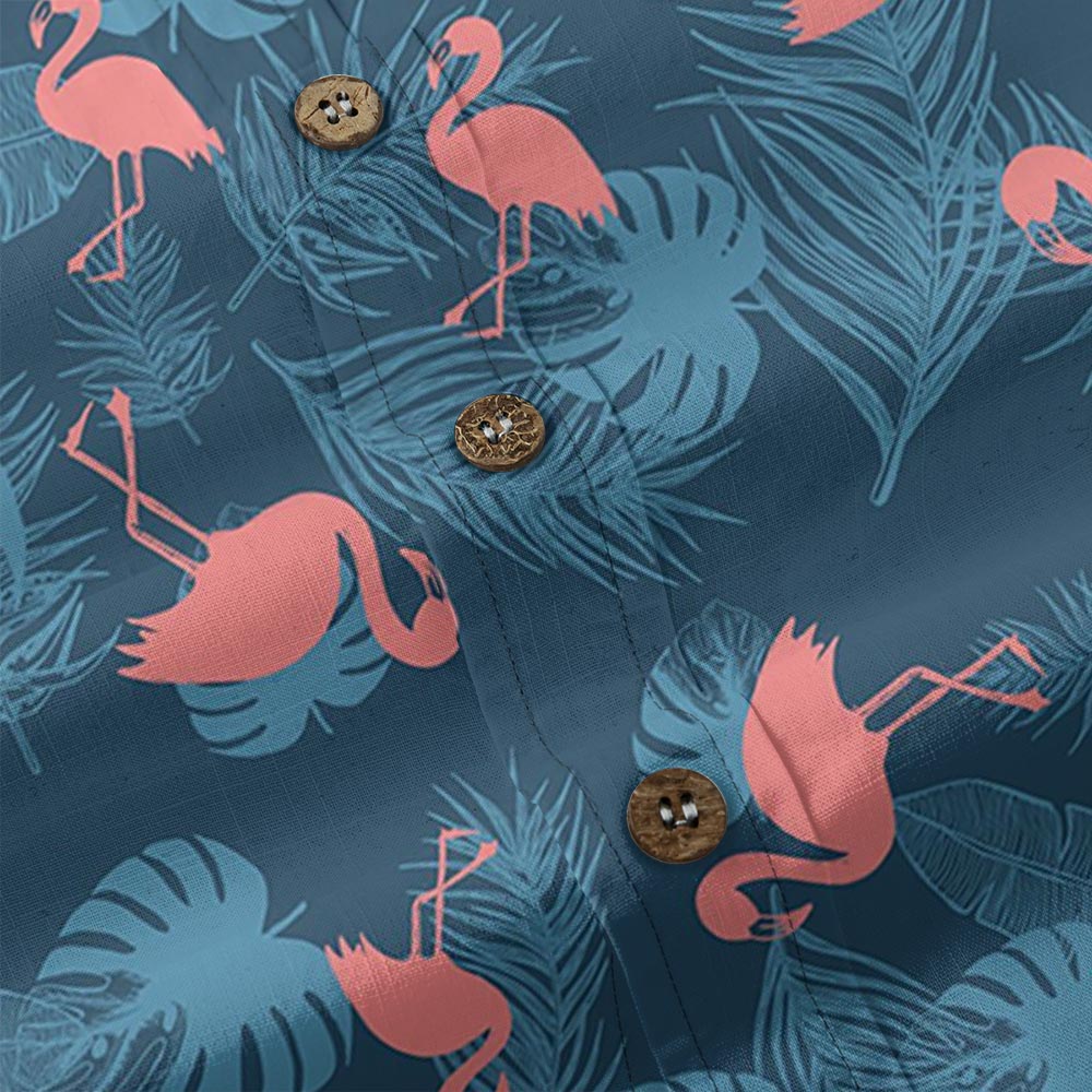 Navy Tropical Pink Flamingo Hawaiian Button Down Shirt Cotton