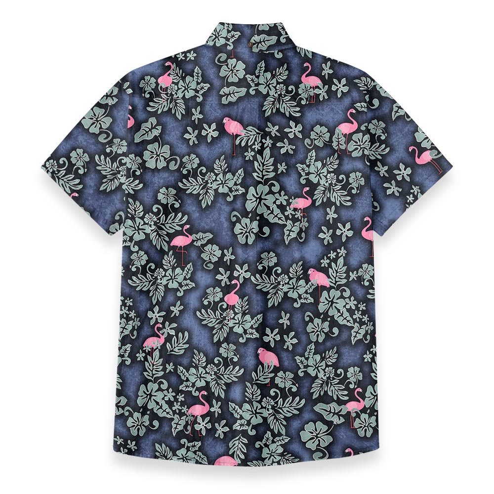 Navy Pink Flamingo Tropical Floral Hawaiian Button Down Shirt