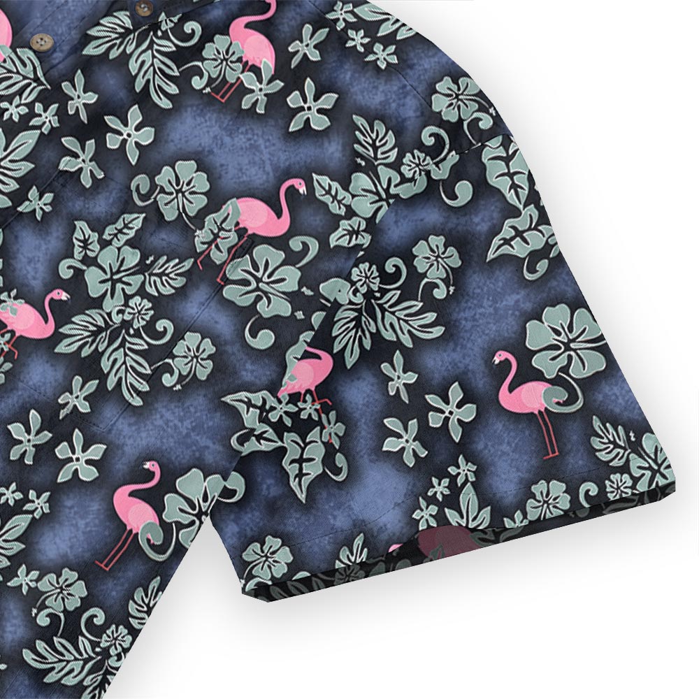 Navy Pink Flamingo Tropical Floral Hawaiian Button Down Shirt