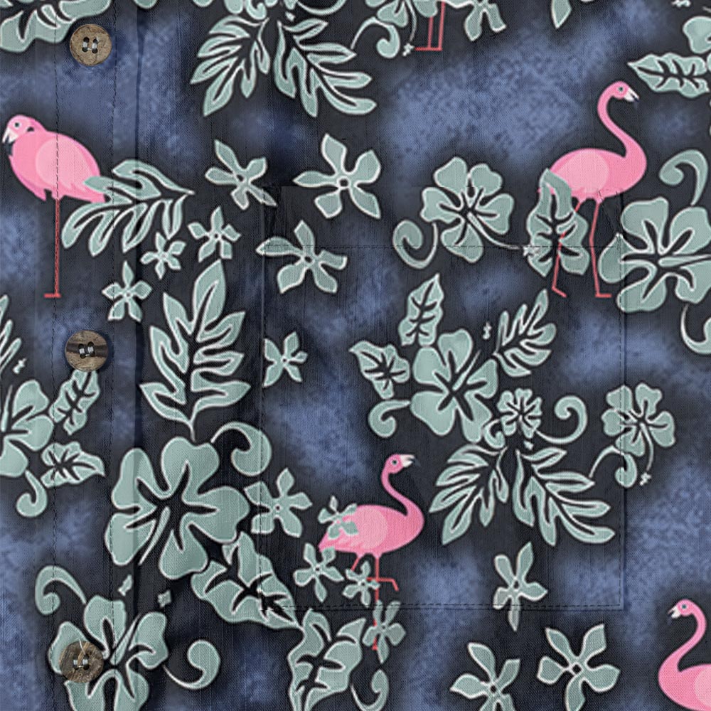 Navy Pink Flamingo Tropical Floral Hawaiian Button Down Shirt