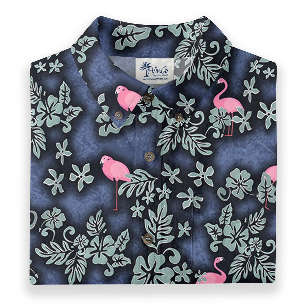 Navy Pink Flamingo Tropical Floral Hawaiian Button Down Shirt