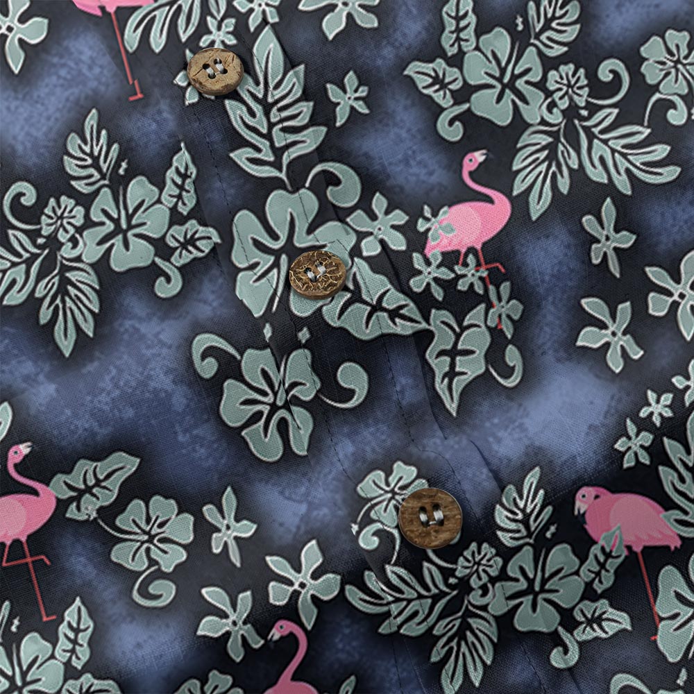 Navy Pink Flamingo Tropical Floral Hawaiian Button Down Shirt
