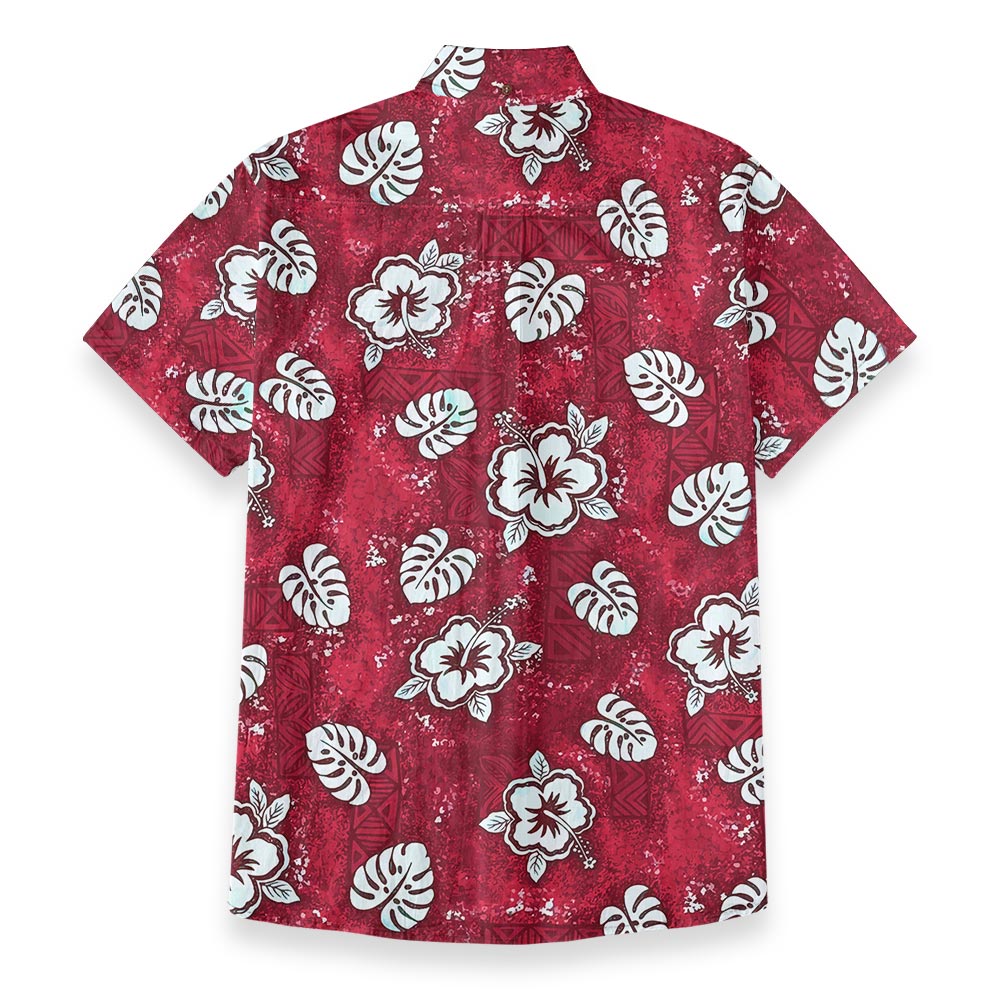 Red Tribal Hibiscus Button Down Aloha Shirt Cotton