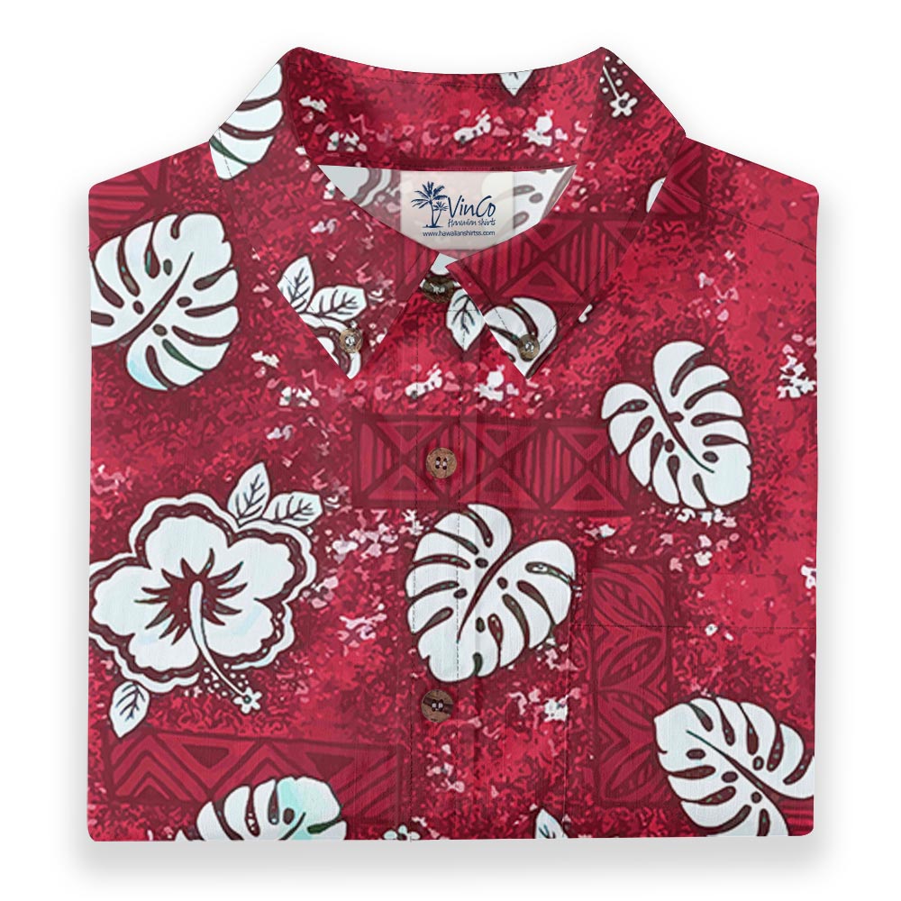 Red Tribal Hibiscus Button Down Aloha Shirt Cotton