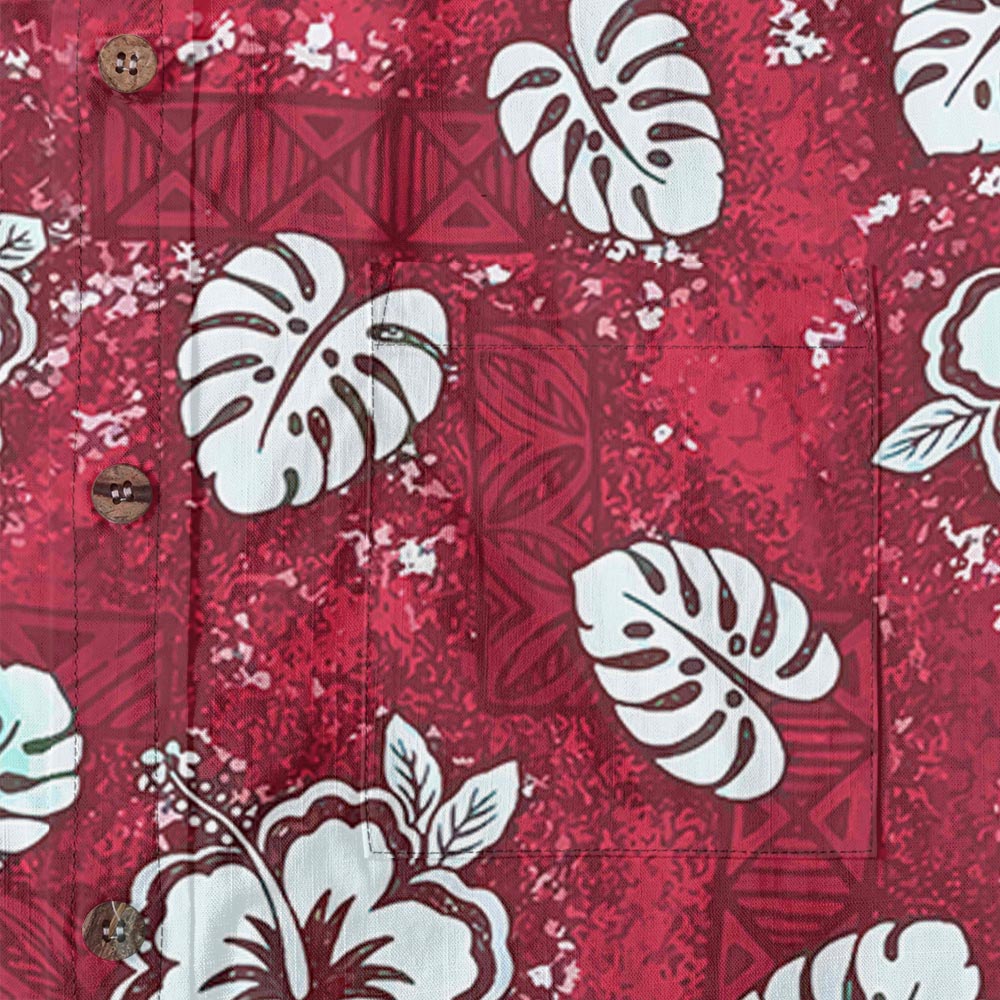 Red Tribal Hibiscus Button Down Aloha Shirt Cotton