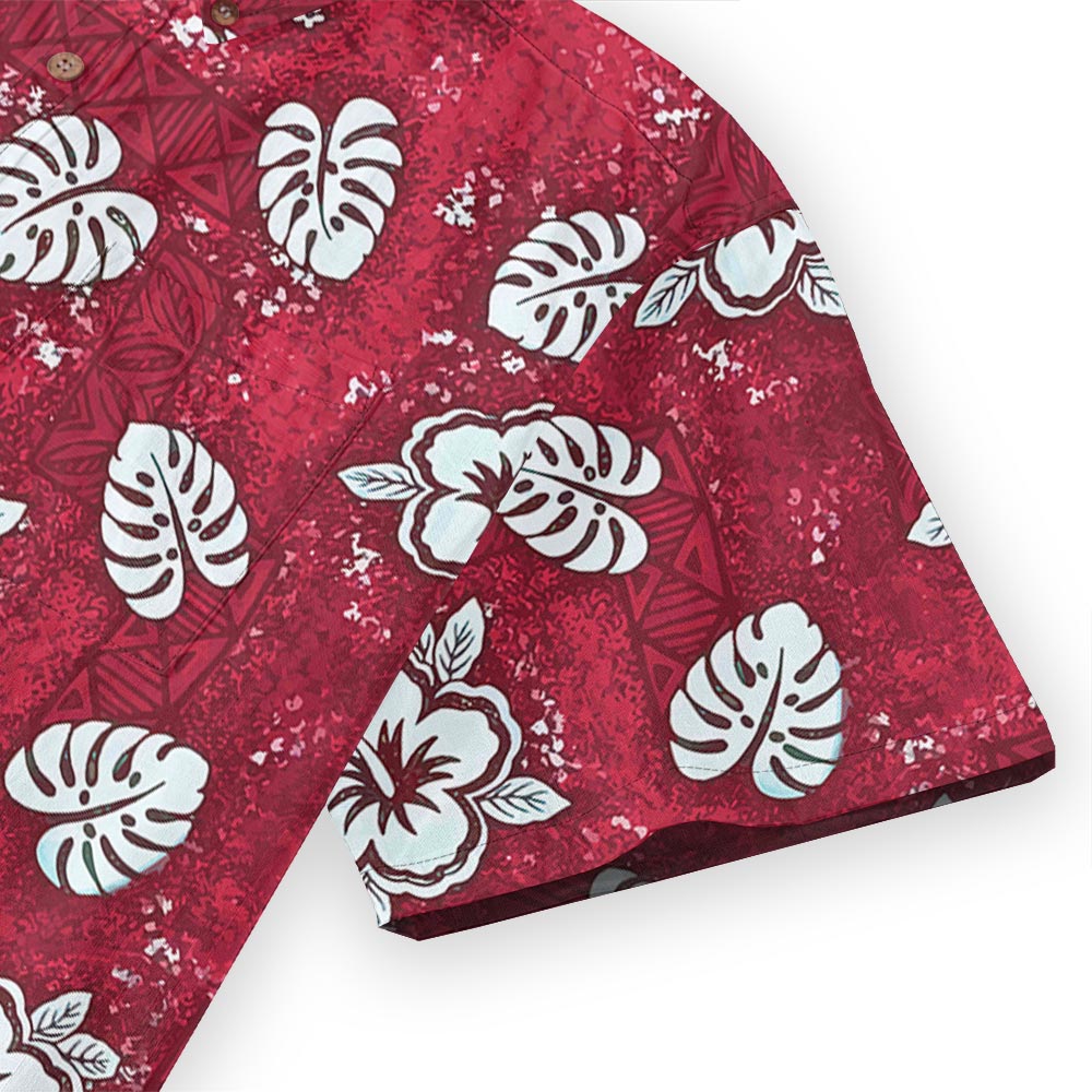 Red Tribal Hibiscus Button Down Aloha Shirt Cotton