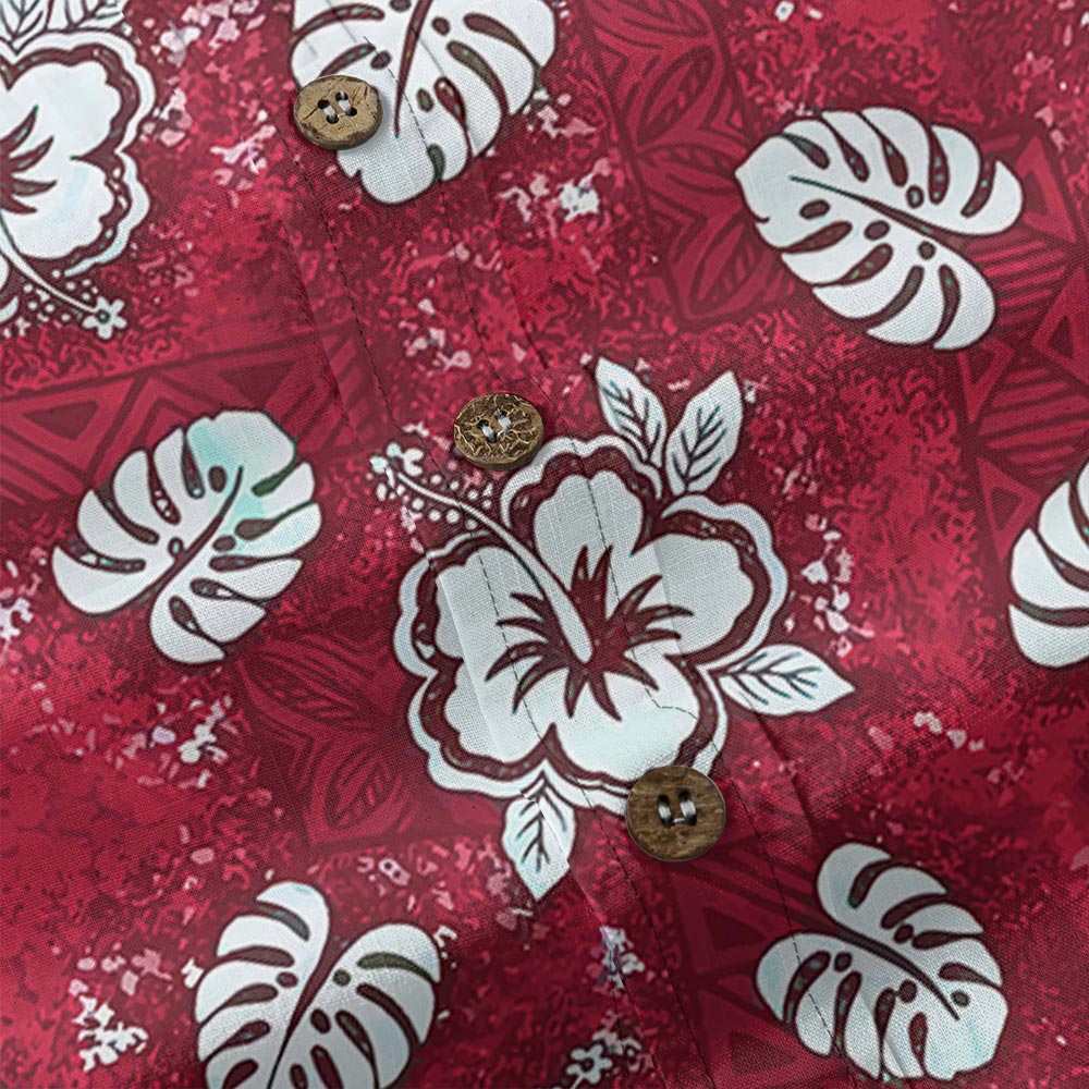 Red Tribal Hibiscus Button Down Aloha Shirt Cotton
