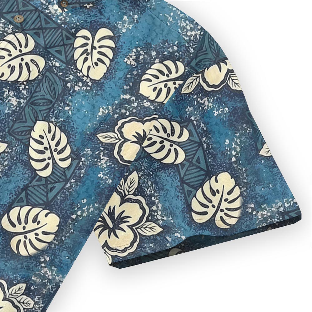 Blue Tribal Hibiscus Men’s Hawaiian Button Down Shirt