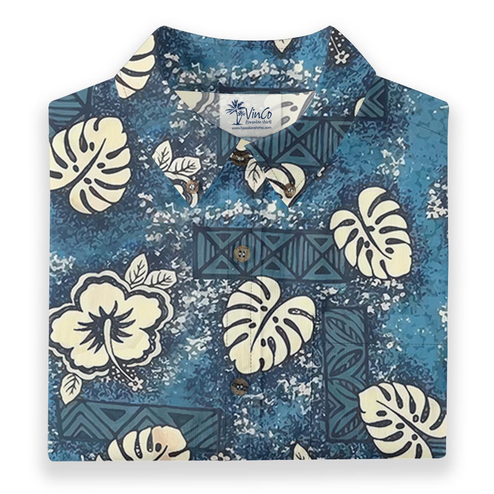 Blue Tribal Hibiscus Men’s Hawaiian Button Down Shirt