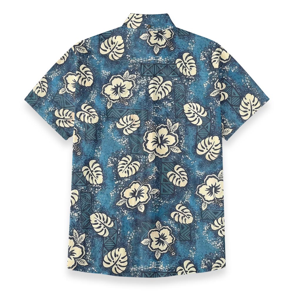 Blue Tribal Hibiscus Men’s Hawaiian Button Down Shirt