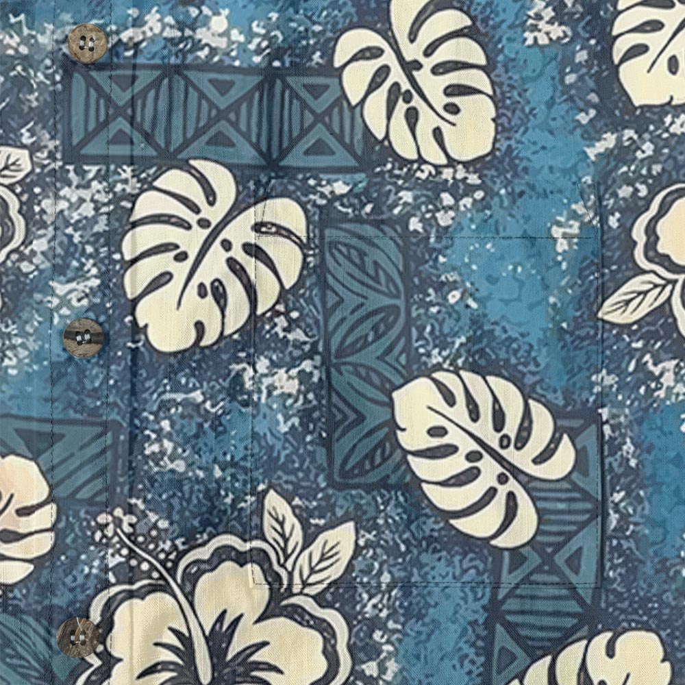 Blue Tribal Hibiscus Men’s Hawaiian Button Down Shirt