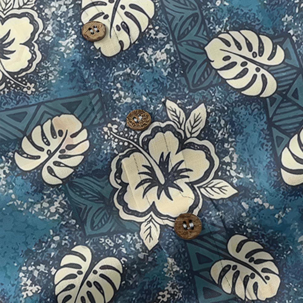 Blue Tribal Hibiscus Men’s Hawaiian Button Down Shirt