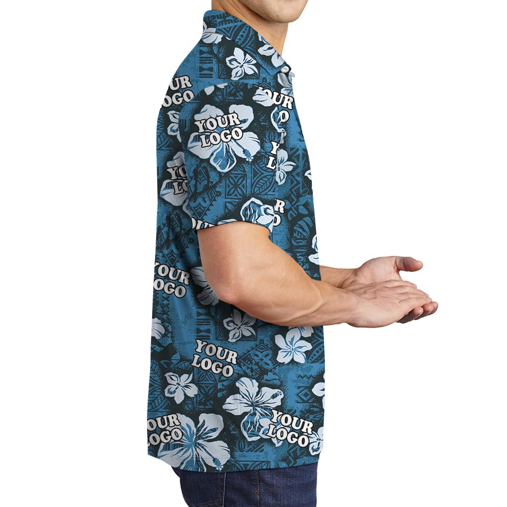Classic Navy Blue Hibiscus Custom Logo Hawaiian Polo Shirt