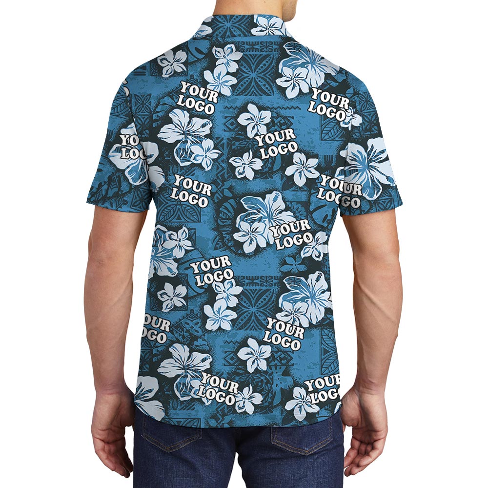 Classic Navy Blue Hibiscus Custom Logo Hawaiian Polo Shirt