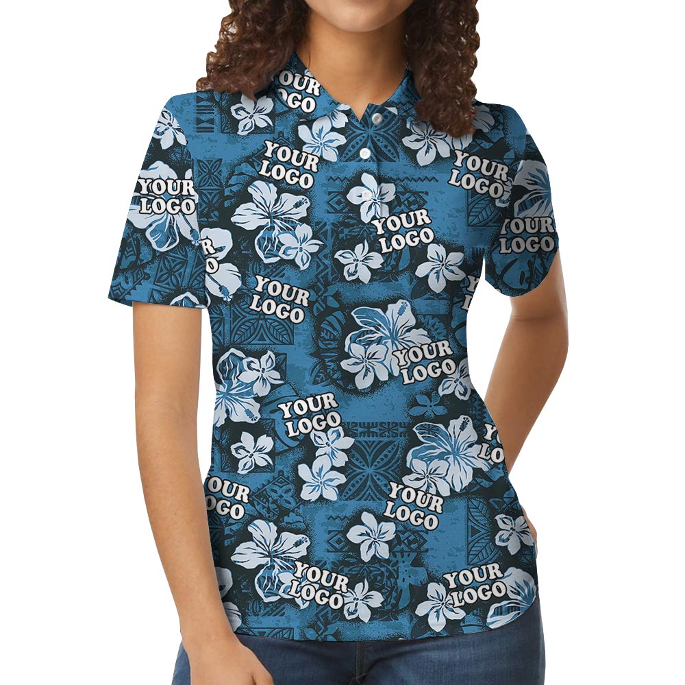 Classic Navy Blue Hibiscus Custom Logo Hawaiian Polo Shirt