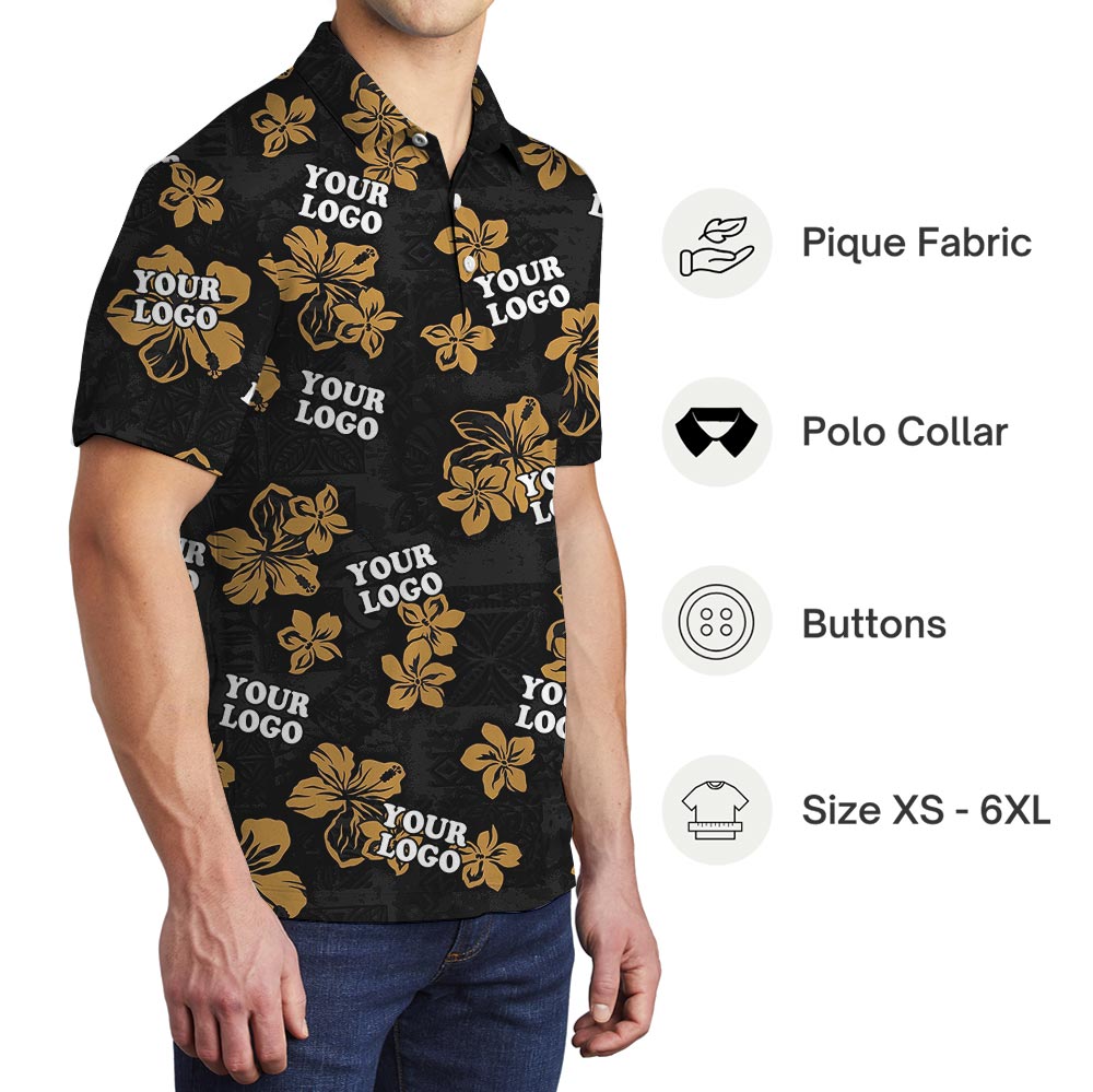 Bulk Order Black Floral Personalized Hawaiian Polo Shirt