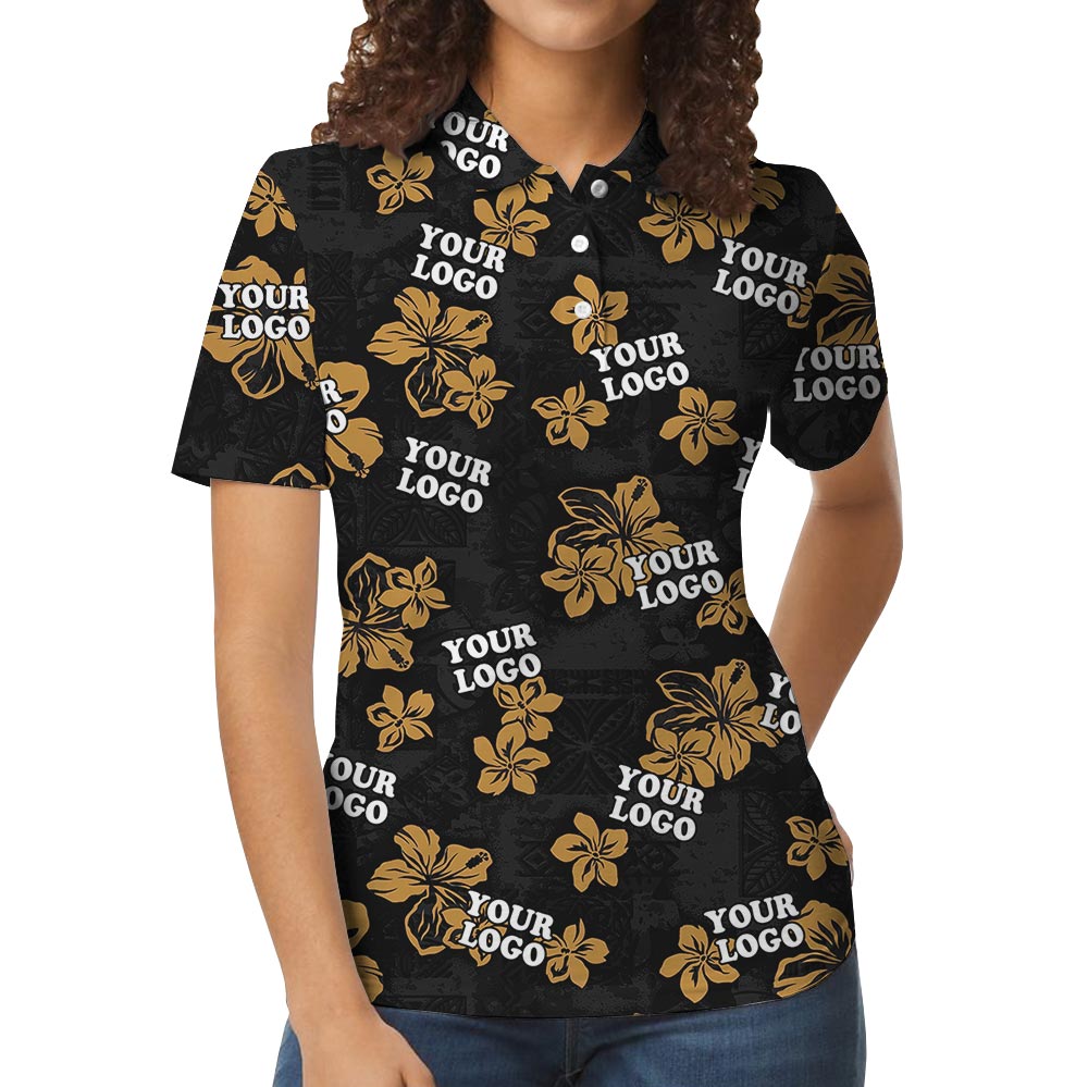 Bulk Order Black Floral Personalized Hawaiian Polo Shirt