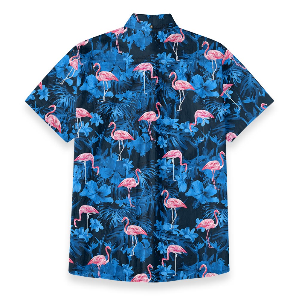 Pink Flamingo Navy Blue Hawaiian Button Down Cotton