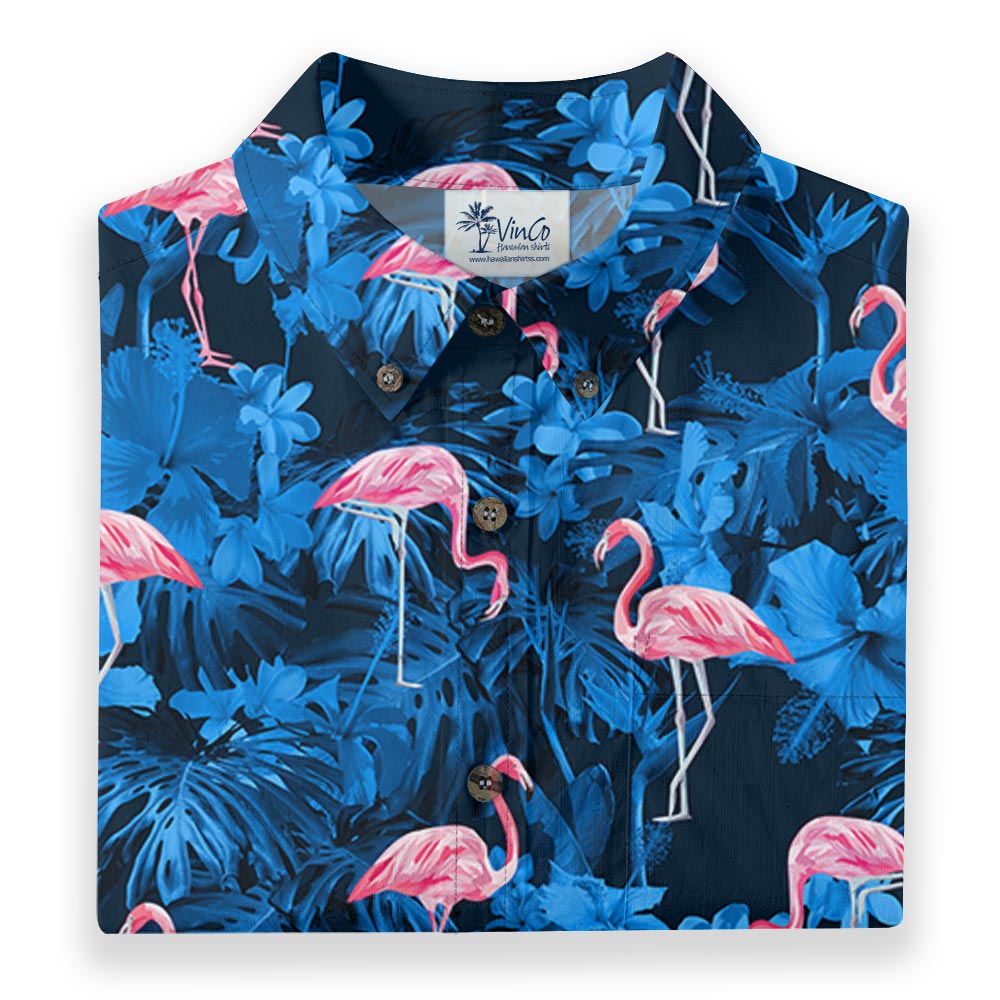 Pink Flamingo Navy Blue Hawaiian Button Down Cotton