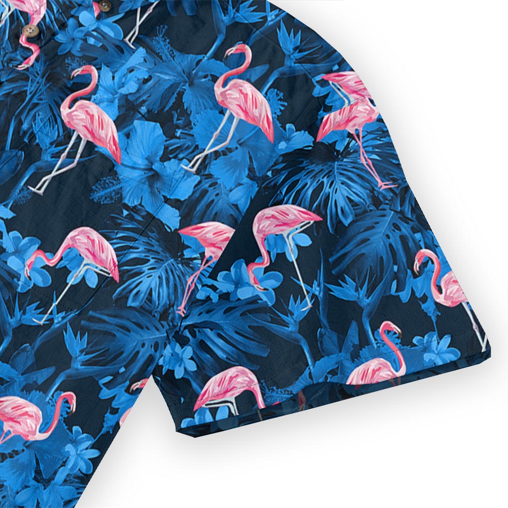 Pink Flamingo Navy Blue Hawaiian Button Down Cotton