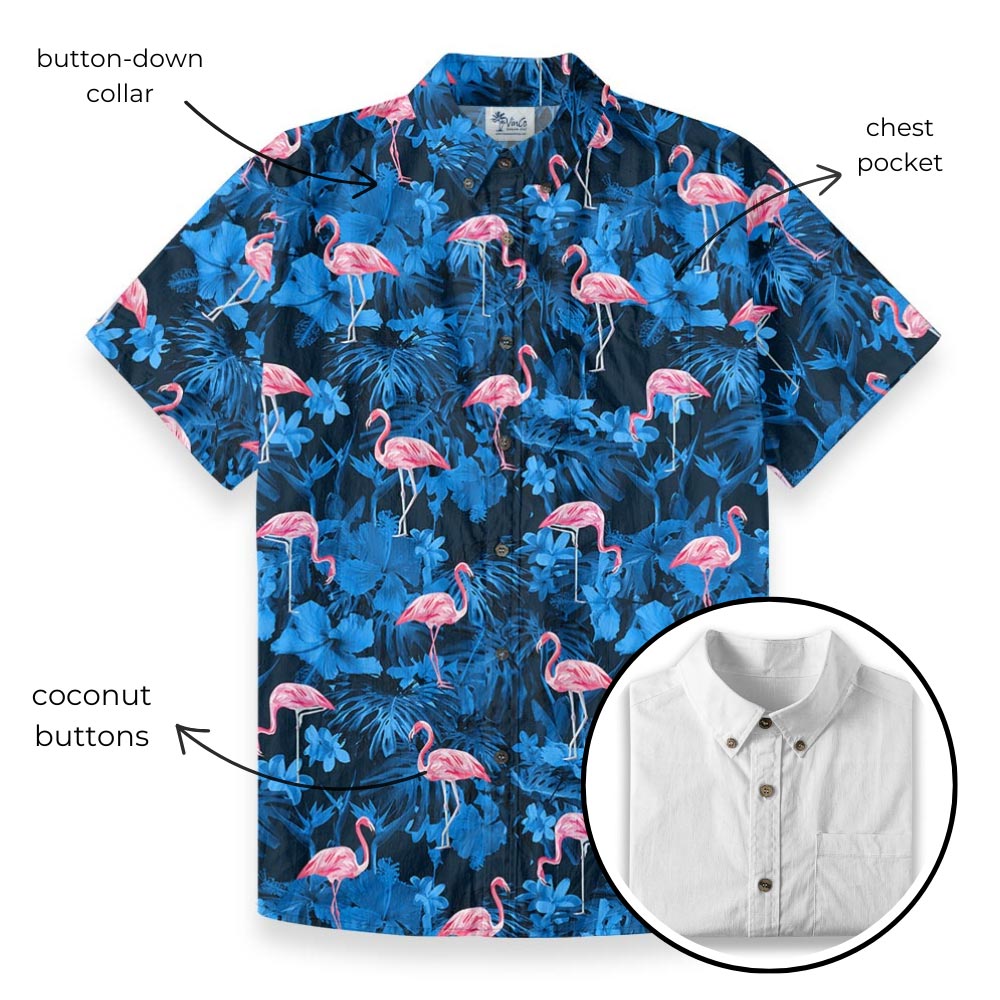 Pink Flamingo Navy Blue Hawaiian Button Down Cotton