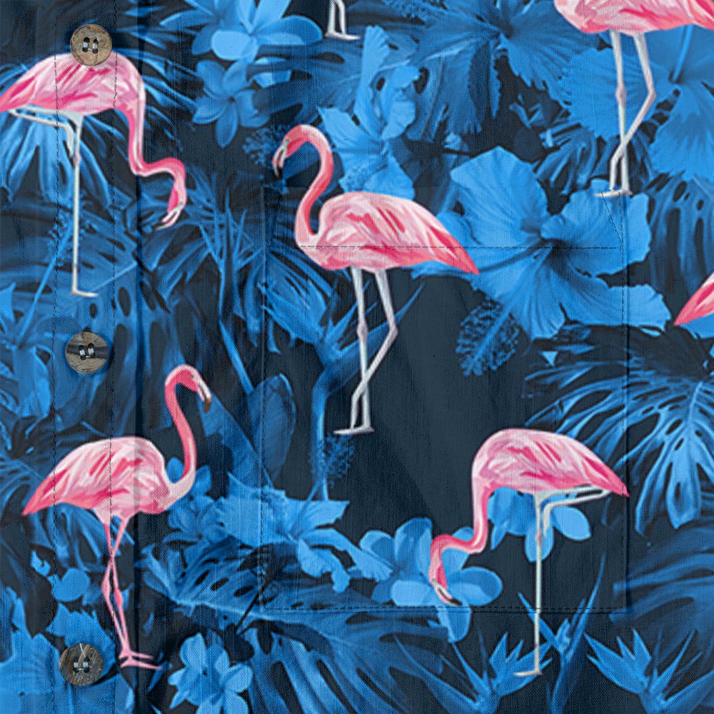 Pink Flamingo Navy Blue Hawaiian Button Down Cotton