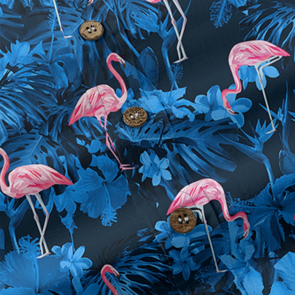 Pink Flamingo Navy Blue Hawaiian Button Down Cotton